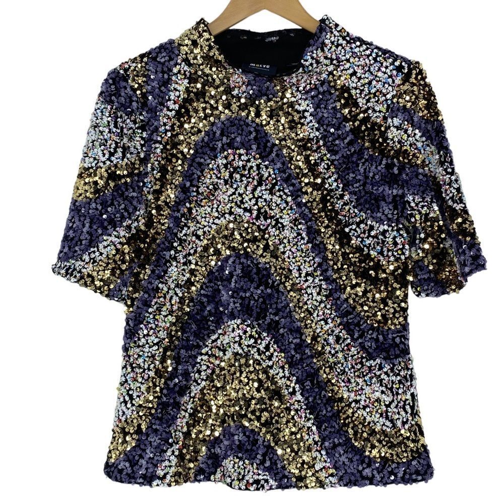 Anthropologie Shimmer Wave Sequin Blouse - Gold, Black, Blue